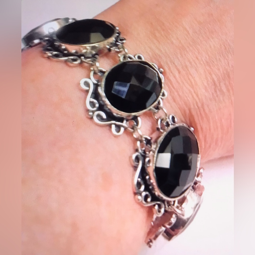 Black Onyx Stamped 925 Sterling Silver Bracelet